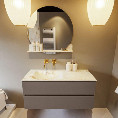 Mondiaz VICA-DLUX ensemble de meuble de salle de bain - 110cm - meuble sous-vasque fumée - 2 tiroirs - lavabo encastré nuage gauche - sans trous de robinet - version haute 60cm - opalo