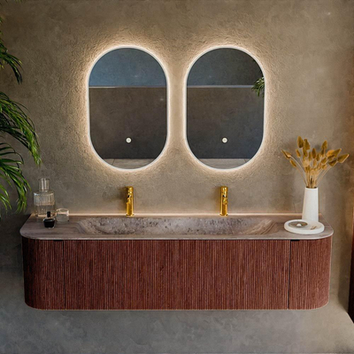 MONDIAZ KURVE-DLUX 170cm badmeubel ronding Links + Rechts kleur Ruby met 1 lade en 2 deuren. Wastafel BIG LARGE Midden 2 kraangaten Oza.