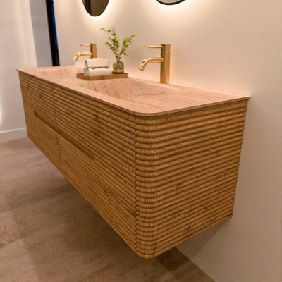 Mondiaz CIRO-DLUX Badkamermeubelset - 160x45x50cm - Solid surface wastafel Saba - 2 wasbak Dubbel - 2 kraangaten - 4 lades - Oak