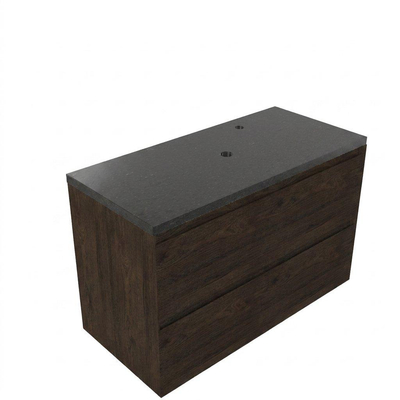 Saniclass Holz Pure Ensemble de meuble de salle de bains - 100x45x63cm - Plan vasque en basalte Noche poli (noir) - 1 trou de robinet - 2 tiroirs - chêne charcoal mat (bois)