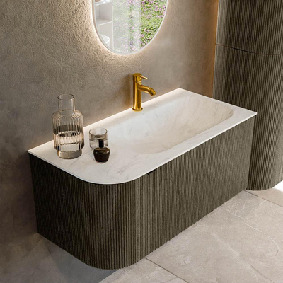 Mondiaz KURVE-DLUX Ensemble de meuble salle de bain - 95x46x40cm - 1 tiroir - 1 porte - lavabo en solid surface - droite - 1 trou de robinet - Shadow