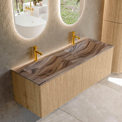 MONDIAZ KURVE-DLUX 130cm badmeubel kleur Oak met 2 lades en 0 deuren. Wastafel LEAF Dubbel 2 kraangaten Sombra.