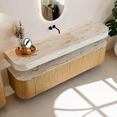 MONDIAZ THOR-DLUX 190cm badmeubel ronding links + rechts kleur Oak met 2 lades en 2 deuren. Vrijhangende wastafel CLOUD Midden zonder kraangat kleur Nata.
