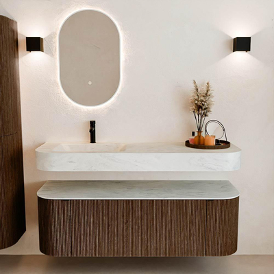 MONDIAZ THOR-DLUX Meuble de salle de bains 140cm arrondi gauche + droite couleur Walnut avec 1 tiroir et 2 portes. Vasque suspendue CLOUD Gauche 1 trou de robinet couleur Opalo.