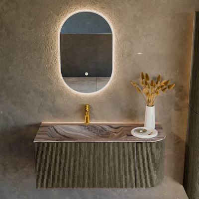 MONDIAZ KURVE-DLUX Meuble de salle de bains 105cm arrondi à droite couleur Shadow avec 1 tiroir et 1 porte. Lavabo BIG SMALL à gauche 1 trou de robinet Sombra.