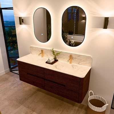 Mondiaz CIRO-DLUX Badkamermeubelset - 150x45x50cm - Solid surface wastafel Ostra - 2 wasbak Dubbel - 2 kraangaten - 4 lades - Ruby