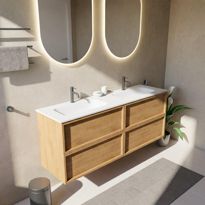 Saniclass Holz Frame Ensemble meuble de salle de bains - 160x45x61.5cm - Flow vasque en solid surface blanc - 2 vasques - 2 trous de robinetterie - 4 tiroirs - chêne natural mat (bois)