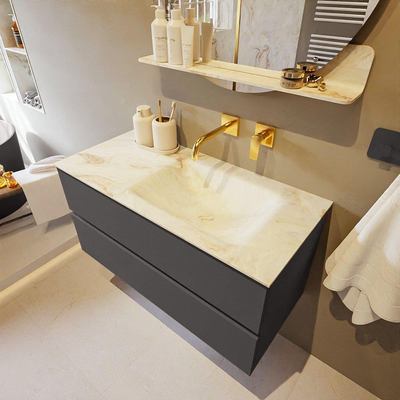 Mondiaz VICA-DLUX Ensemble de meuble de salle de bain - 100cm - meuble sous-vasque gris foncé - 2 tiroirs - lavabo encastré cloud droite - sans trous de robinet - version haute de 60cm - frape