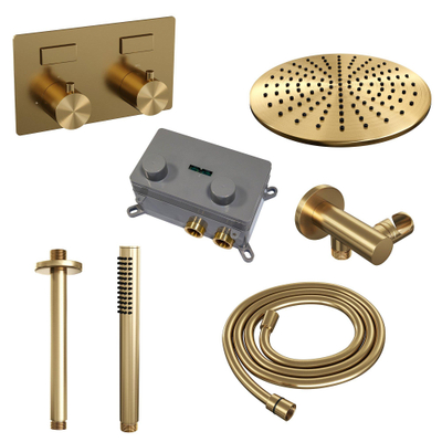 BRAUER Gold Edition Douche de tête thermostatique encastrée - boutons-poussoirs - SET 54 - douche de tête 30 cm - bras de plafond - douchette stick - flexible de douche - coude de raccordement mural - or brossé PVD