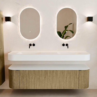 MONDIAZ THOR Meuble de salle de bains - 170cm - arrondi gauche + droite - couleur Dusk - 1 tiroir - 2 portes - Vasque suspendue CLOUD Double sans trou de robinet - couleur Talc