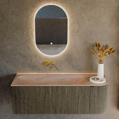 MONDIAZ KURVE-DLUX Meuble de salle de bains 125cm arrondi à droite couleur Shadow avec 1 tiroir et 1 porte. Lavabo BIG MEDIUM à gauche sans trou de robinet Saba.