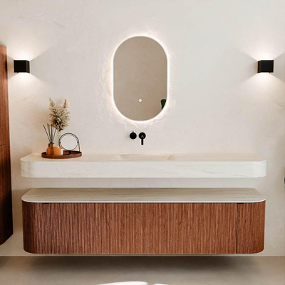 MONDIAZ THOR-DLUX 190cm meuble de salle de bains arrondi gauche + droite couleur Ruby avec 2 tiroirs et 2 portes. Vasque suspendue CLOUD Centre sans trou de robinet couleur Meli.