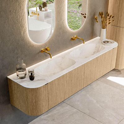 MONDIAZ KURVE-DLUX 190cm badmeubel met module 25 Len R kleur Oak met 2 lades en 2 deuren. Wastafel STOR SMALL dubbel zonder kraangat kleur Frappe.