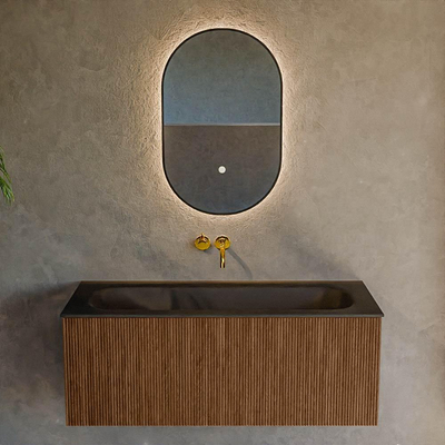 MONDIAZ KURVE 110cm Meuble salle de bain - couleur Walnut - 1 tiroir - vasque BIG MEDIUM centre - sans trous de robinet - Urban