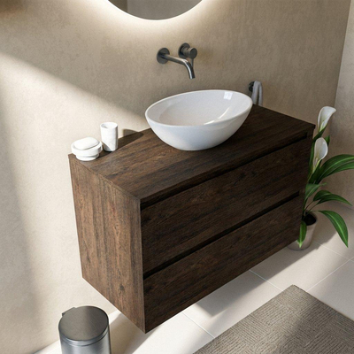 Saniclass Holz Pure Ensemble de meubles de salle de bains - 100x45x62cm - plan de travail en bois - sans trou de robinetterie - 2 tiroirs - chêne charcoal mat (bois)