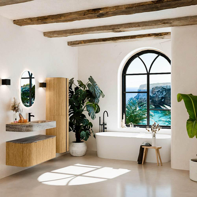 MONDIAZ THOR-DLUX 100cm badmeubel ronding links + rechts kleur Oak met 1 lade en 2 deuren. Vrijhangende wastafel CLOUD Rechts 1 kraangat kleur Oza.