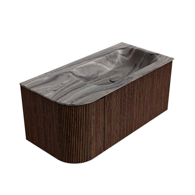 MONDIAZ KURVE-DLUX 95cm badmeubel ronding Links kleur Walnut met 1 lade en 1 deur. Wastafel BIG SMALL Rechts zonder kraangat Sombra.