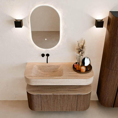 MONDIAZ THOR-DLUX 110cm badmeubel ronding links + rechts kleur Walnut met 1 lade en 2 deuren. Vrijhangende wastafel CLOUD Links zonder kraangat kleur Saba.