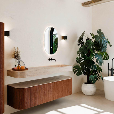 MONDIAZ THOR-DLUX 160cm meuble de salle de bains arrondi gauche + droite couleur Ruby avec 1 tiroir et 2 portes. Vasque suspendue CLOUD Droite sans trou de robinet couleur Saba.