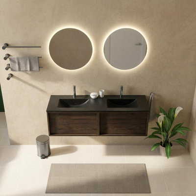 Saniclass Holz Frame Ensemble meuble de salle de bains - 140x45x42cm - lavabo Vygo en céramique noir - 2 vasques - 2 trous de robinetterie - 2 tiroirs - chêne charcoal mat (bois)