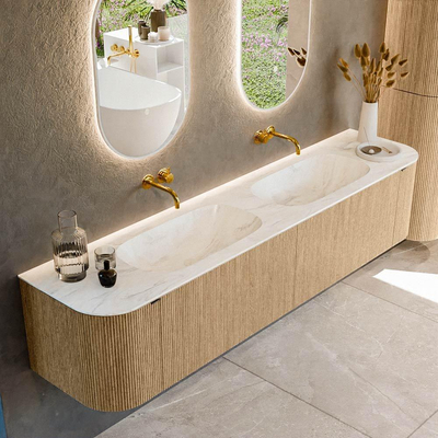 MONDIAZ KURVE-DLUX Meuble de salle de bains 200 cm avec module 25 Len R couleur Chêne avec 2 tiroirs et 2 portes. Lavabo STOR SMALL double sans trou de robinet couleur Ostra.