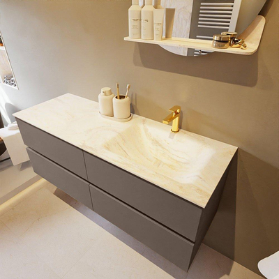 Mondiaz VICA-DLUX ensemble de meuble de salle de bain - 130cm - meuble sous-vasque fumée - 4 tiroirs - lavabo encastré nuage droite - 1 trou de robinet - version haute de 60cm - ostra