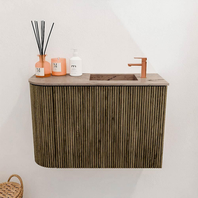 Mondiaz JOYA-DLUX 61.6cm toiletmeubel - ronding links kleur Dusk - Wastafel FAYE positie Rechts 1 kraangat kleur Arena.
