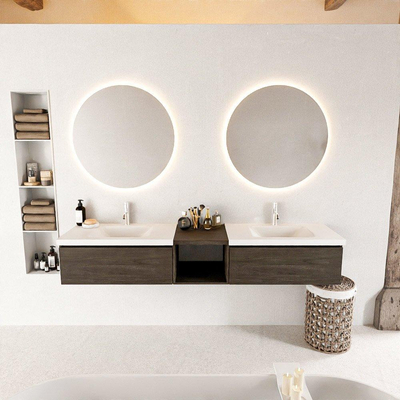 MONDIAZ BUKLA 200cm ensemble de meuble avec module ouvert 40 couleur Marron foncé avec 2 tiroirs. Lavabo CLOUD double 2 trous de robinet couleur Talc.