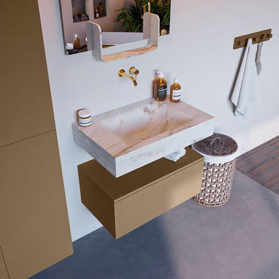 Mondiaz ALAN-DLUX Ensemble de meuble - 70cm - meuble Oro mat - 1 tiroir - Lavabo Cloud Frappe suspendu - vasque Centre - 0 trous de robinet