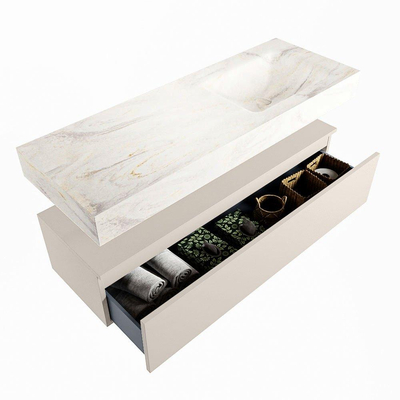 Mondiaz ALAN-DLUX Ensemble de meuble - 130cm - meuble Linen mat - 1 tiroir - Lavabo Cloud Ostra suspendu - vasque Droite - 0 trous de robinet