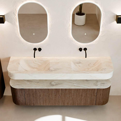 MONDIAZ THOR-DLUX 170cm badmeubel ronding links + rechts kleur Walnut met 1 lade en 2 deuren. Vrijhangende wastafel CLOUD Dubbel zonder kraangat kleur Ostra.