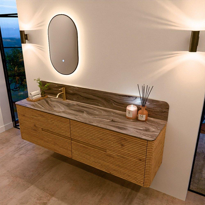 Mondiaz CIRO-DLUX Badkamermeubelset - 180x45x50cm - Solid surface wastafel Sombra - 1 wasbak Links - 1 kraangat - 4 lades - Oak