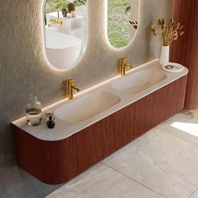 MONDIAZ KURVE-DLUX 190cm meuble de salle de bains arrondi gauche + droite couleur Ruby avec 2 tiroirs et 2 portes. Lavabo STOR SMALL Double 2 trous de robinet Meli.
