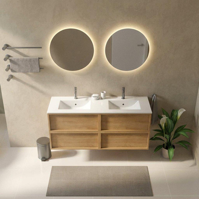 Saniclass Holz Frame Ensemble de meubles de salle de bains - 140x45x62cm - Vygo lavabo en céramique blanc - 2 vasques - 2 trous de robinetterie - 4 tiroirs - chêne natural brillant (bois)