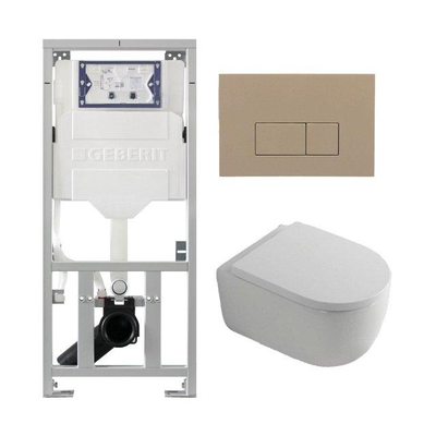 QeramiQ Dely Swirl Pack WC suspendu - 36.3x51.7cm - bâti-support Geberit UP320 - abattant 35mm - plaque de commande taupe - boutons rectangulaires - blanc brillant