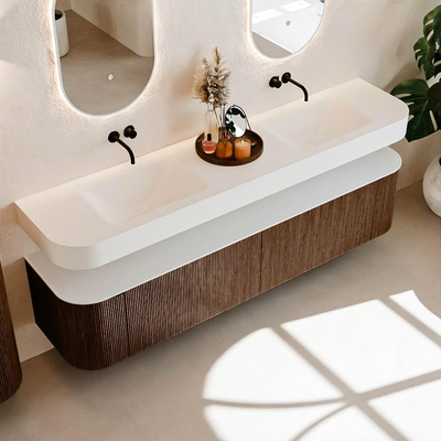 MONDIAZ THOR 200cm meuble de salle de bains arrondi gauche + droite couleur Walnut avec 2 tiroirs et 2 portes. Vasque suspendue CLOUD Double sans trou de robinet couleur Talc.