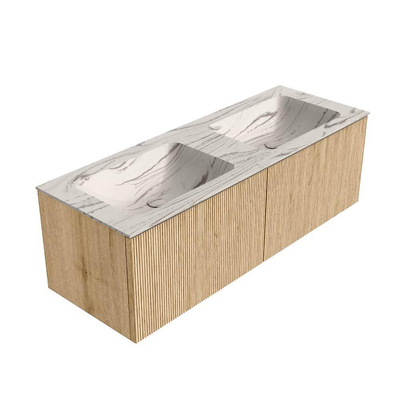 MONDIAZ KURVE-DLUX Meuble de salle de bains 130cm couleur Oak avec 2 tiroirs et 0 portes. Lavabo LEAF Double sans trou de robinet Nata.