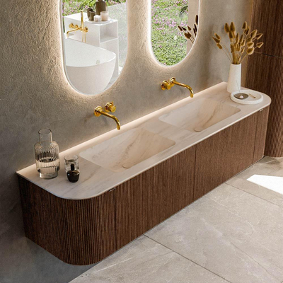 MONDIAZ KURVE-DLUX Meuble de salle de bains 180cm arrondi gauche + droite couleur Walnut avec 2 tiroirs et 2 portes. Lavabo LEAF double sans trou de robinet Meli.