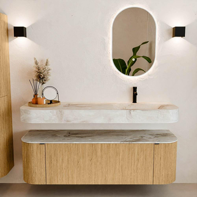 MONDIAZ THOR-DLUX 150cm badmeubel ronding links + rechts kleur Oak met 1 lade en 2 deuren. Vrijhangende wastafel CLOUD Rechts 1 kraangat kleur Frappe.