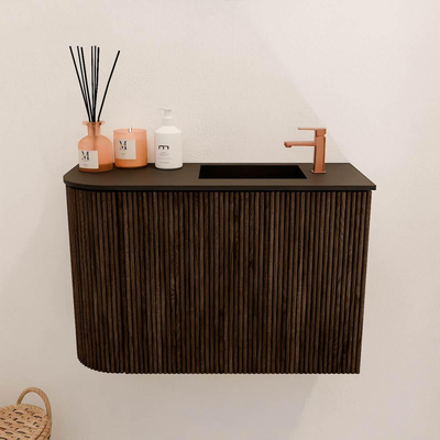 Mondiaz JOYA 61.6cm toiletmeubel - ronding links kleur Walnut - Wastafel FAYE positie Rechts 1 kraangat kleur Urban.