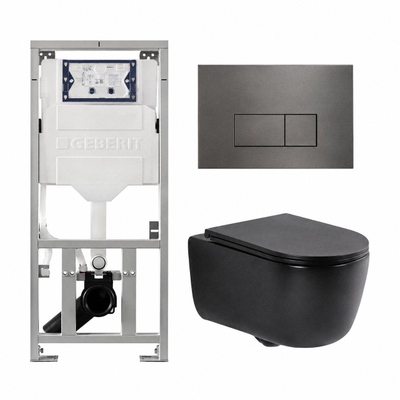 QeramiQ Dely Swirl Ensemble WC- 36.3x51.7cm - Réservoir encastré Geberit UP320 - abattant fin - Plaque de commande en gunmetal - Boutons rectangulaires - Noir mat