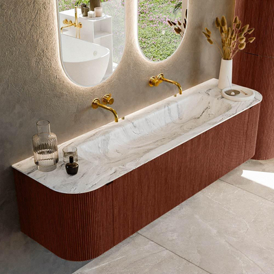 Mondiaz KURVE-DLUX Ensemble de meuble de salle de bains - 170x46x40cm - 1 tiroir - 2 portes - lavabo solid surface - au milieu - sans trou de robinet - Ruby