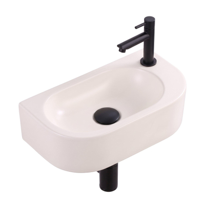 QeramiQ Fuente pack lave-mains – demi-rond – 40 x 22 x 12 cm – céramique lin – perçage à droite – robinet noir mat