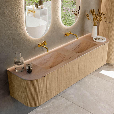 MONDIAZ KURVE-DLUX Meuble de salle de bains 180cm arrondi Gauche + Droite couleur Chêne avec 2 tiroirs et 2 portes. Lavabo LEAF Double sans trou de robinet Saba.