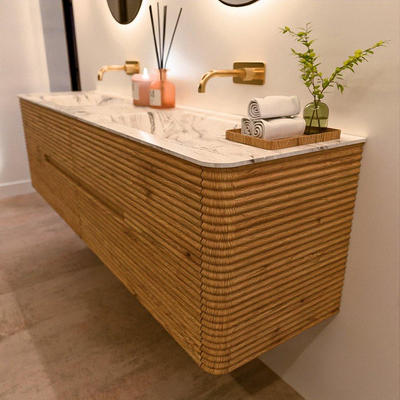 Mondiaz CIRO-DLUX Badkamermeubelset - 180x45x50cm - Solid surface wastafel Glace - 2 wasbak Dubbel - zonder kraangaten - 4 lades - Oak