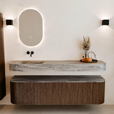 MONDIAZ THOR-DLUX 170cm badmeubel ronding links + rechts kleur Walnut met 1 lade en 2 deuren. Vrijhangende wastafel CLOUD Links zonder kraangat kleur Oza.