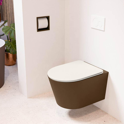 Mondiaz LAVIE hangtoilet – spoelrandloos – 36 x 53 cm – met softclose zitting – Rust (bruin), zitting Linen (offwhite)