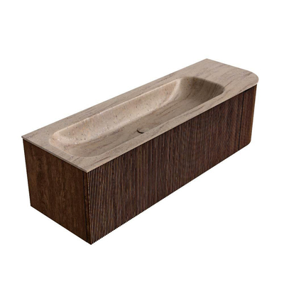 MONDIAZ KURVE-DLUX meuble de salle de bains 145 cm arrondi à droite couleur Walnut avec 1 tiroir et 1 porte. Lavabo BIG LARGE à gauche sans trou de robinet Saba.