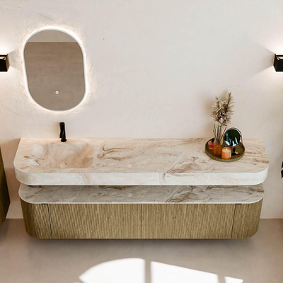 MONDIAZ THOR-DLUX 200cm meuble de salle de bains arrondi gauche + droite couleur Dusk avec 2 tiroirs et 2 portes. Vasque suspendue CLOUD Gauche 1 trou de robinet couleur Frappe.