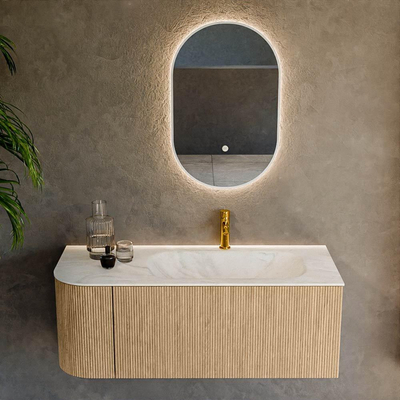 MONDIAZ KURVE-DLUX 115cm Meuble salle de bain avec module 25 G - couleur Oak - 1 tiroir - 1 porte - vasque BIG SMALL droite - 1 trou de robinet - couleur Ostra